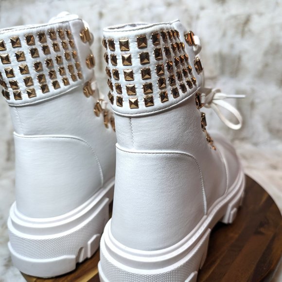 * Mata Shoes White Vegan Leather Studded Detail Fashion Combat Ankle Boots - Picture 6 of 15